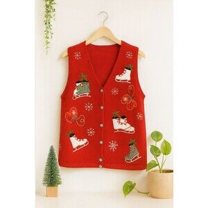 Basic EditionsFestive Holiday Embroidered Sweater Vest Red Winter Cozy (size 1X)